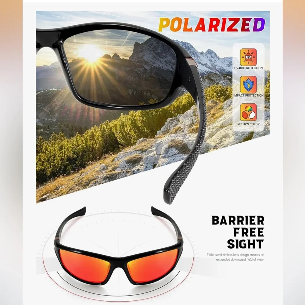 🆕 Men's Sport Polarized Sunglasses - Black Frame with Color Mirror Lenses UV400